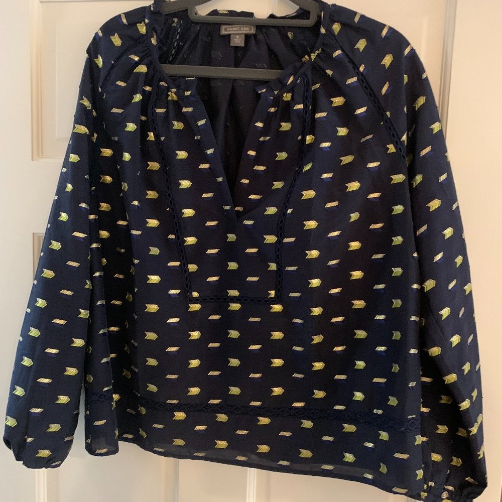 J. Crew Blouse Navy and Gold Chevron
